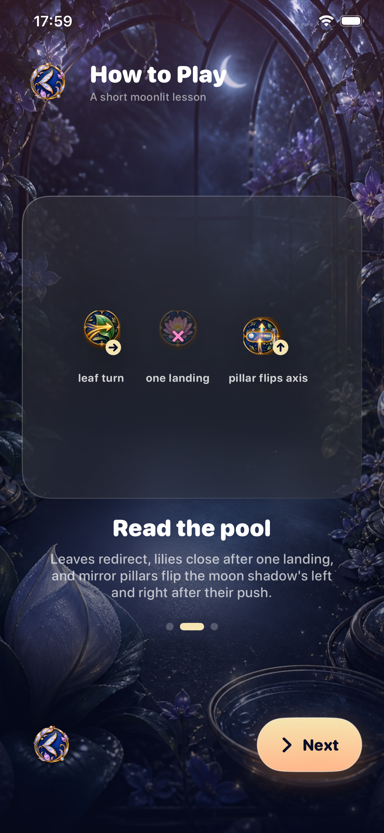 How to Play screen with leaf, lily and mirror pillar rules